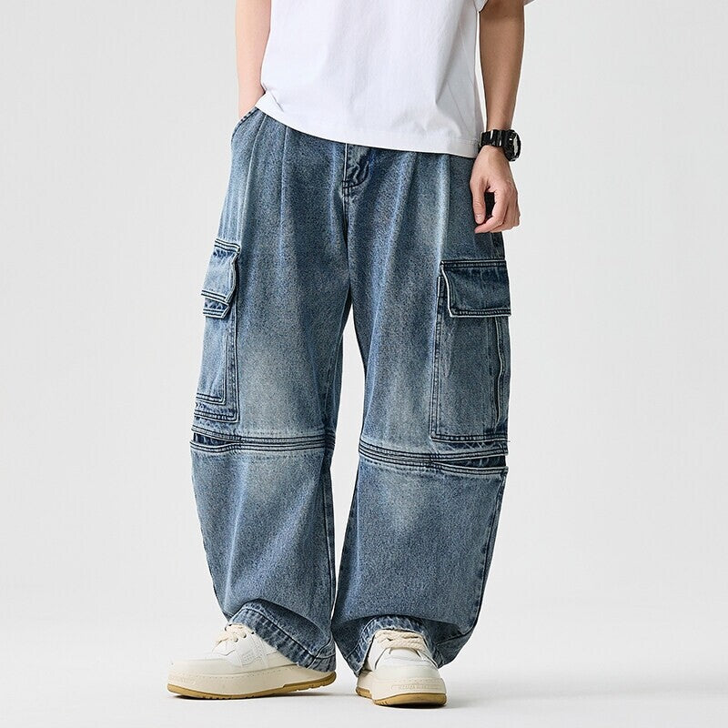 Plus Size Men Denim Jeans Wide Leg Retro High Street Pants