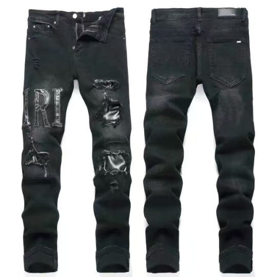 Slim Fit Embroidered Patch Denim Pants for Men