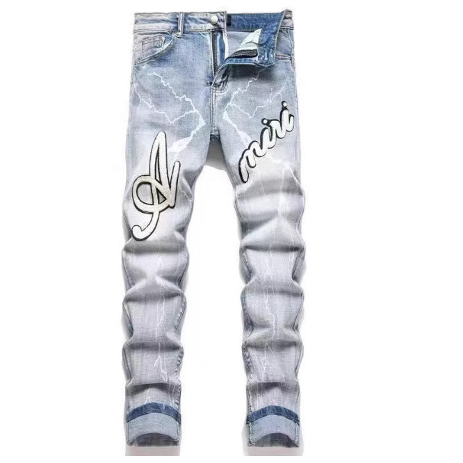 Slim Fit Embroidered Patch Denim Pants for Men