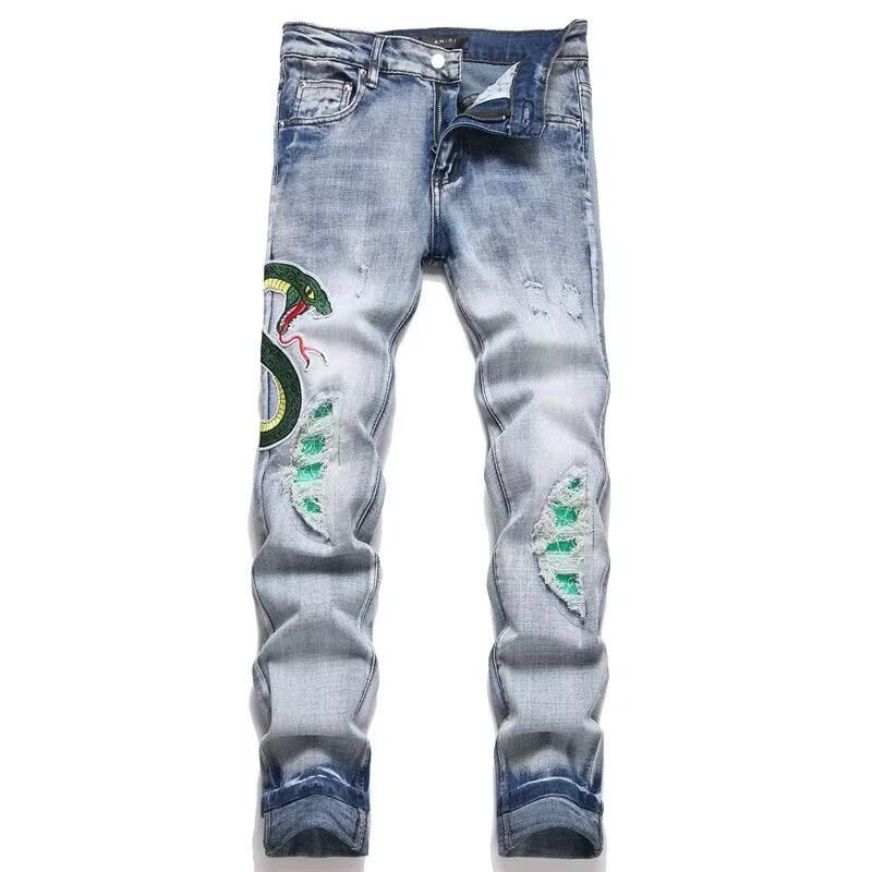 Slim Fit Embroidered Patch Denim Pants for Men