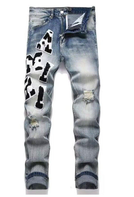 Slim Fit Embroidered Patch Denim Pants for Men