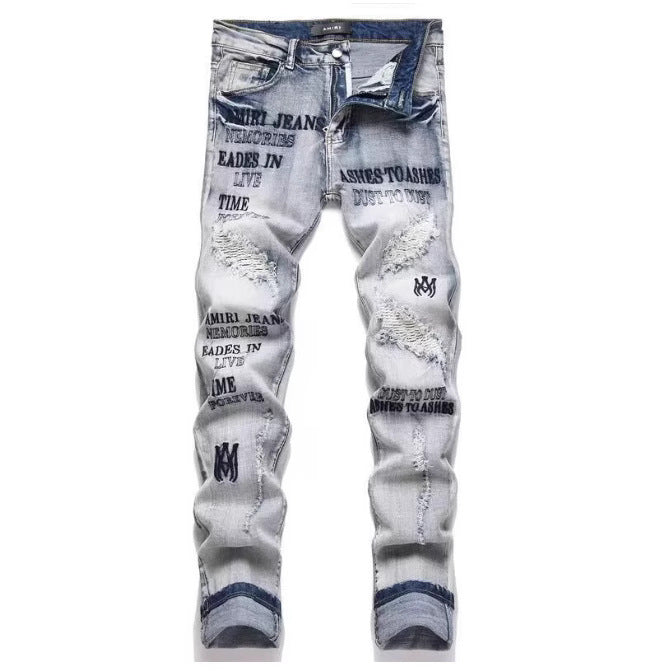 Slim Fit Embroidered Patch Denim Pants for Men