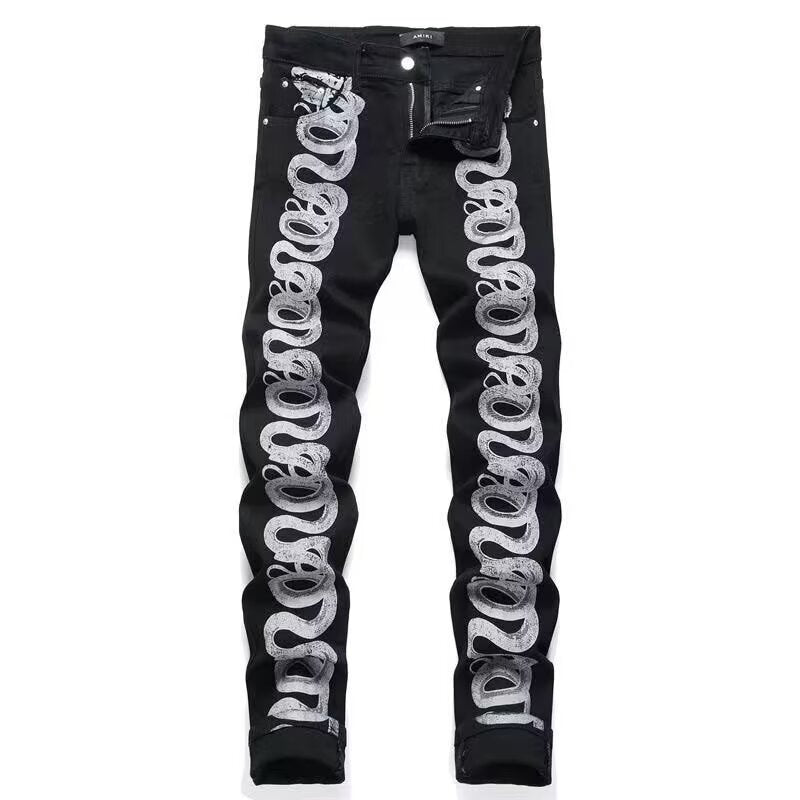 Slim Fit Embroidered Patch Denim Pants for Men