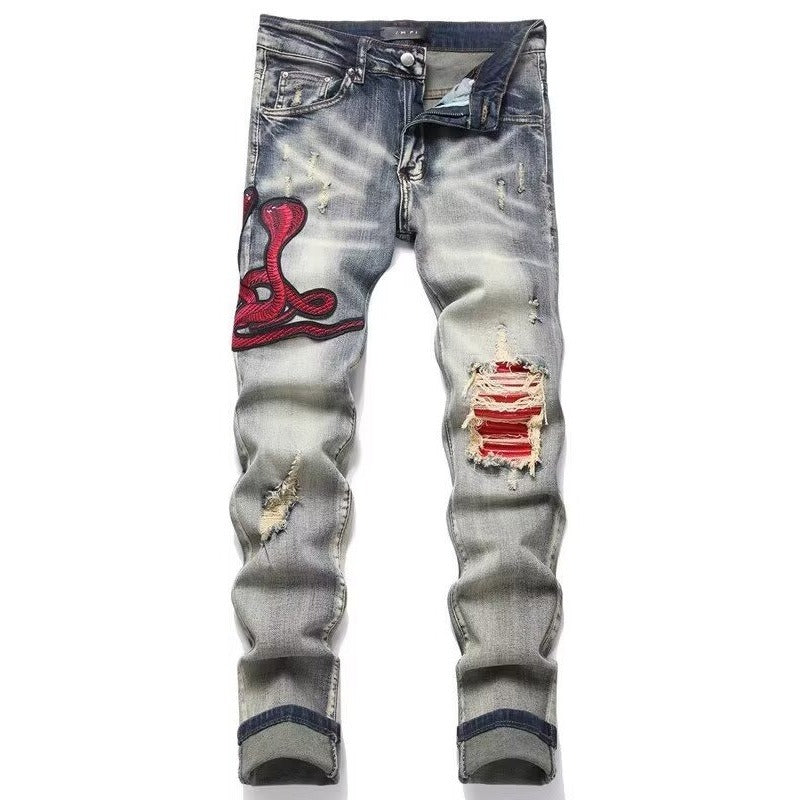 Slim Fit Embroidered Patch Denim Pants for Men
