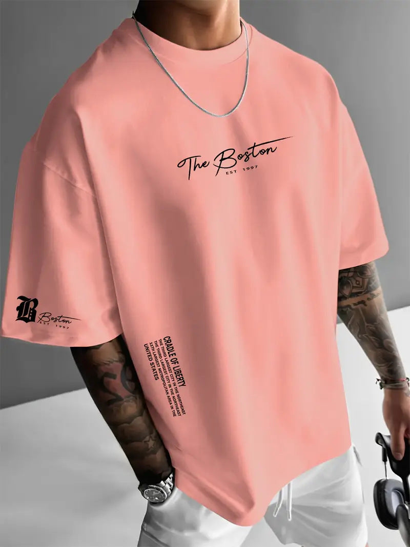 Mens Round Neck Letter Print T-shirt