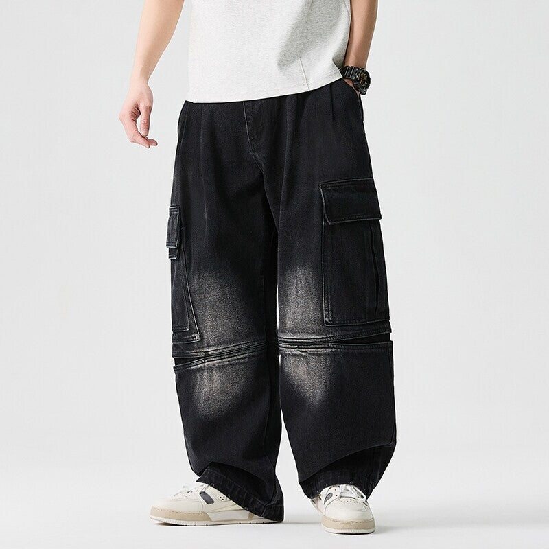 Plus Size Men Denim Jeans Wide Leg Retro High Street Pants