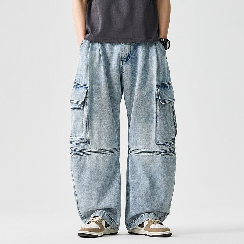 Plus Size Men Denim Jeans Wide Leg Retro High Street Pants