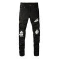 Slim-Fit Ripped Patch Denim Pants