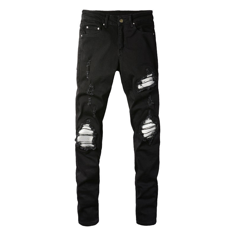 Slim-Fit Ripped Patch Denim Pants