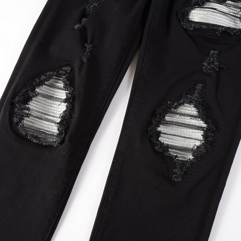 Slim-Fit Ripped Patch Denim Pants
