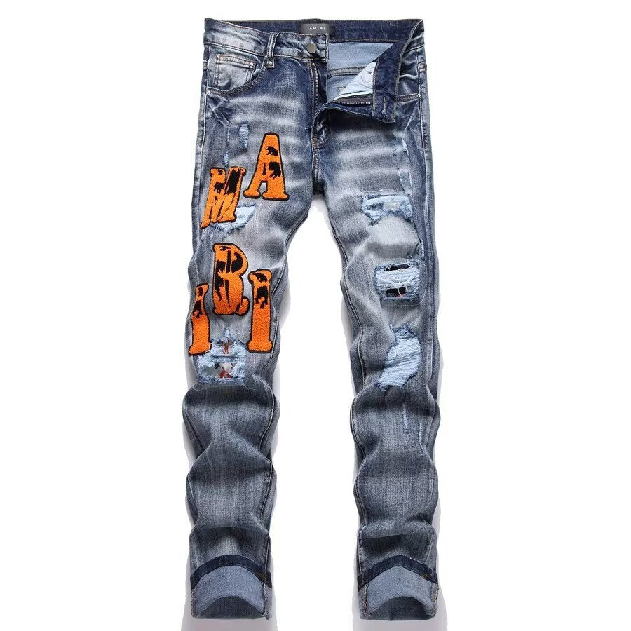 Slim Fit Embroidered Patch Denim Pants for Men
