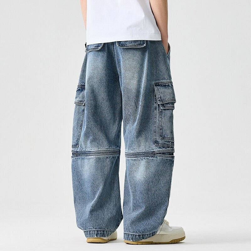Plus Size Men Denim Jeans Wide Leg Retro High Street Pants