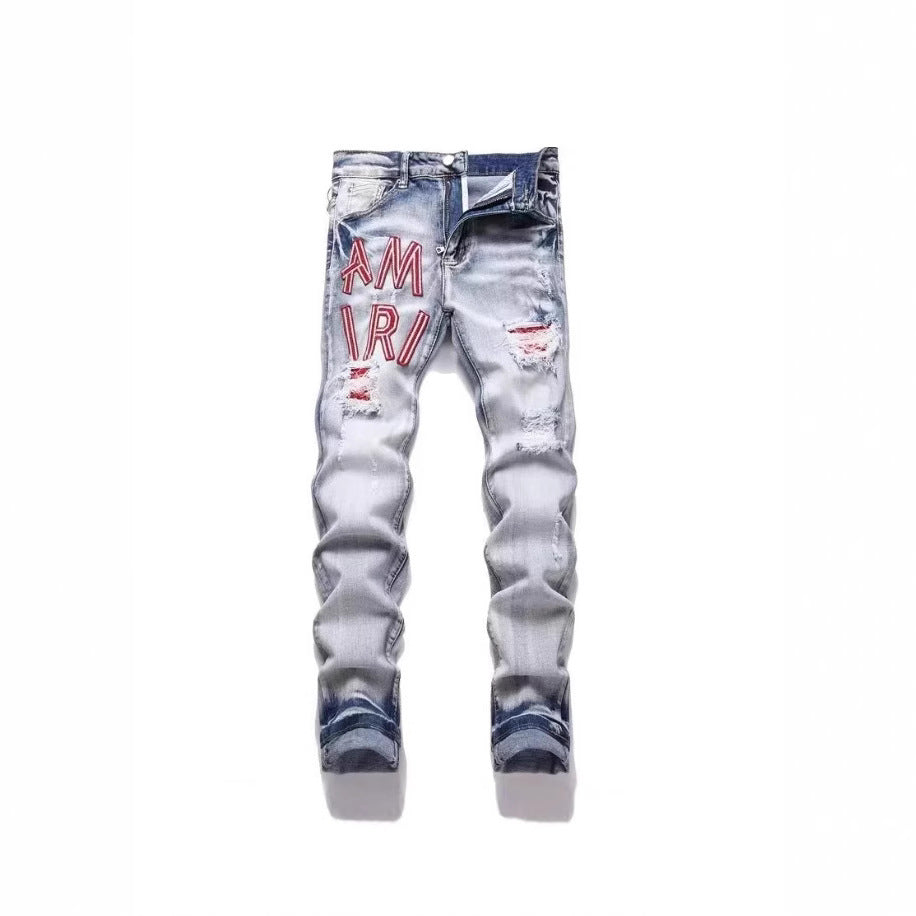 Slim Fit Embroidered Patch Denim Pants for Men