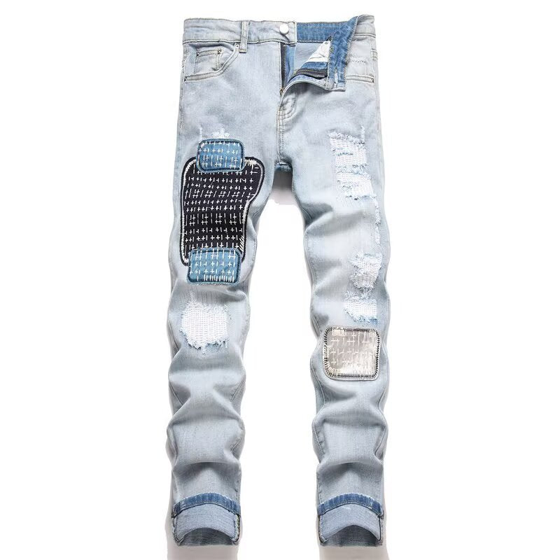 Slim Fit Embroidered Patch Denim Pants for Men
