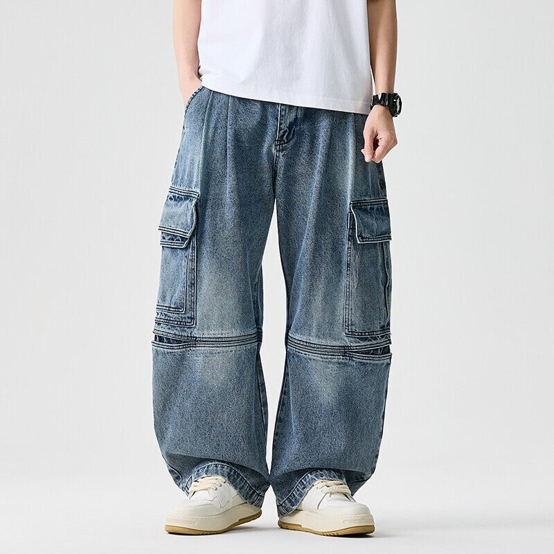 Plus Size Men Denim Jeans Wide Leg Retro High Street Pants
