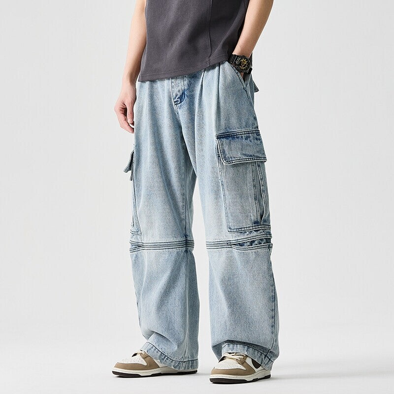 Plus Size Men Denim Jeans Wide Leg Retro High Street Pants