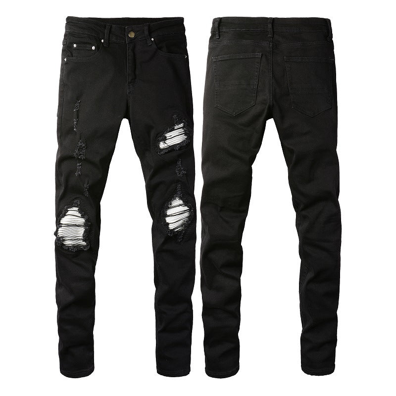Slim-Fit Ripped Patch Denim Pants
