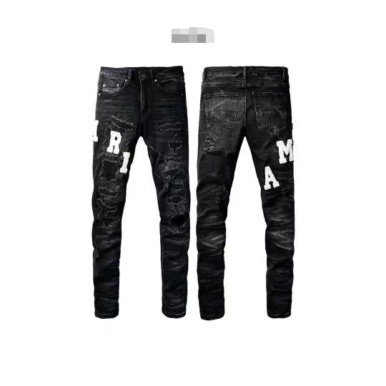 Slim Fit Embroidered Patch Denim Pants for Men
