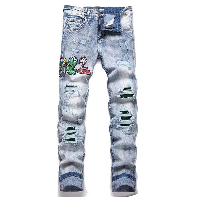 Slim Fit Embroidered Patch Denim Pants for Men