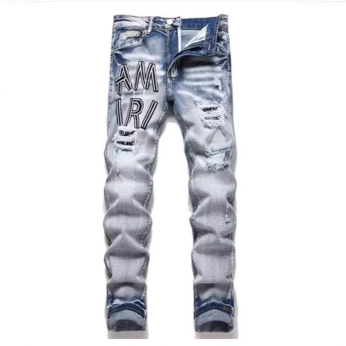 Slim Fit Embroidered Patch Denim Pants for Men