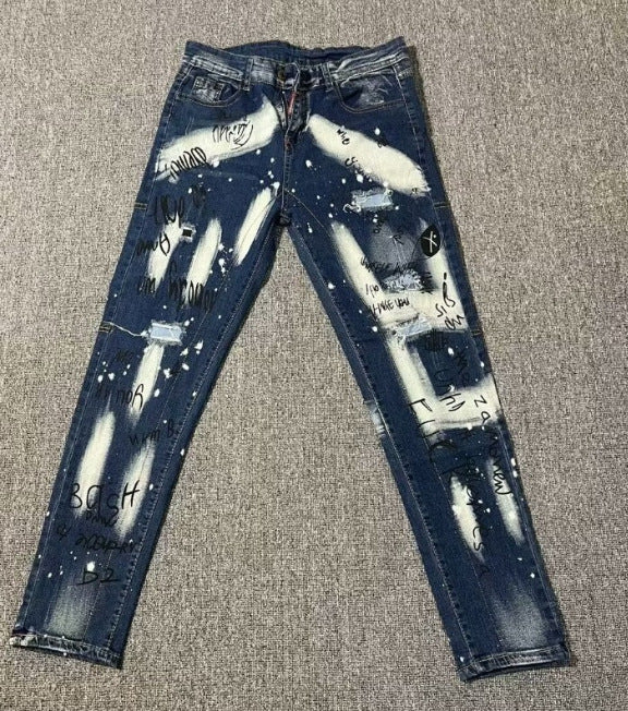 Slim Fit Embroidered Patch Denim Pants for Men