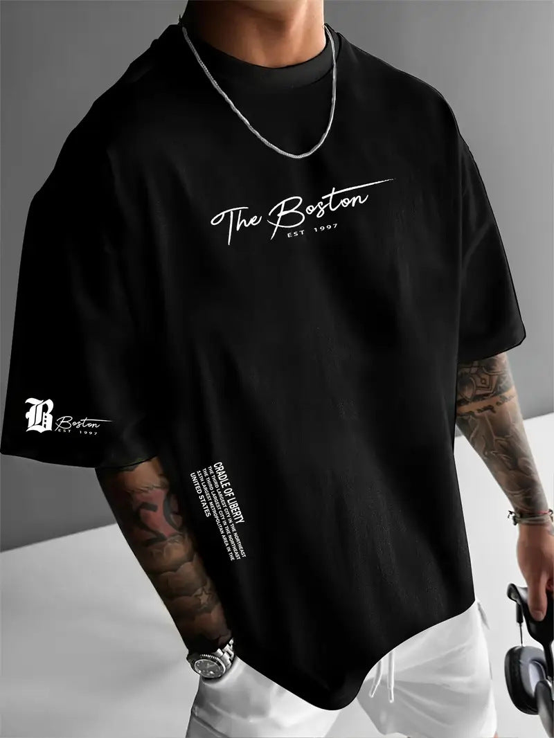 Mens Round Neck Letter Print T-shirt