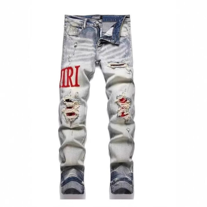 Slim Fit Embroidered Patch Denim Pants for Men