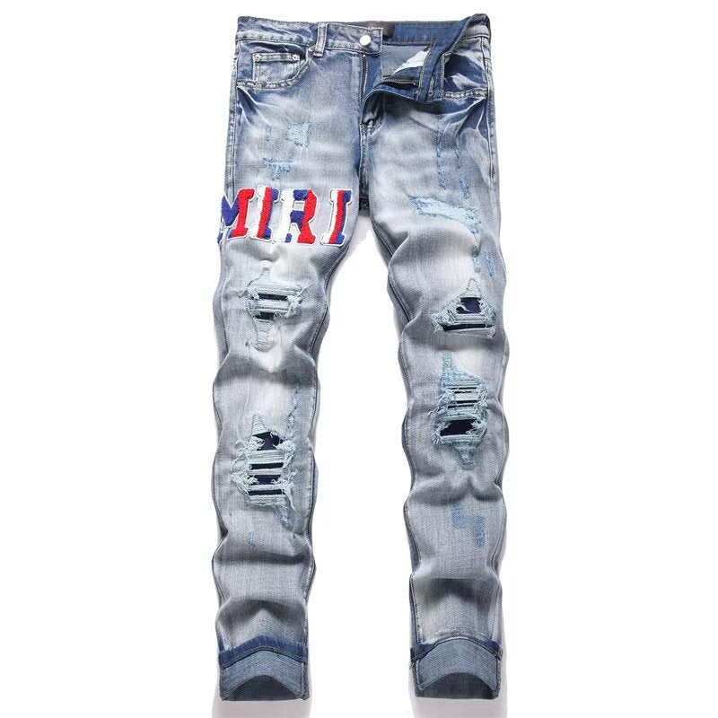 Slim Fit Embroidered Patch Denim Pants for Men