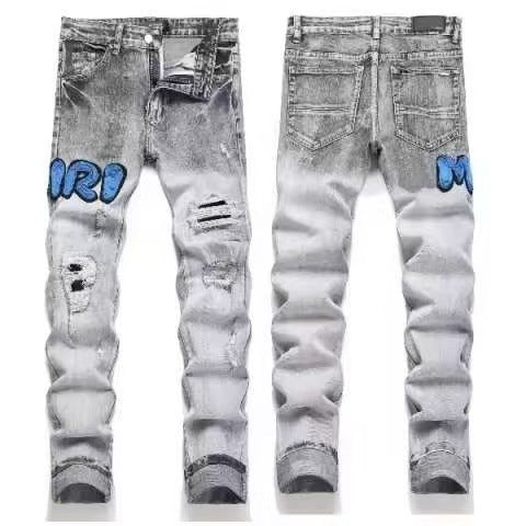 Slim Fit Embroidered Patch Denim Pants for Men