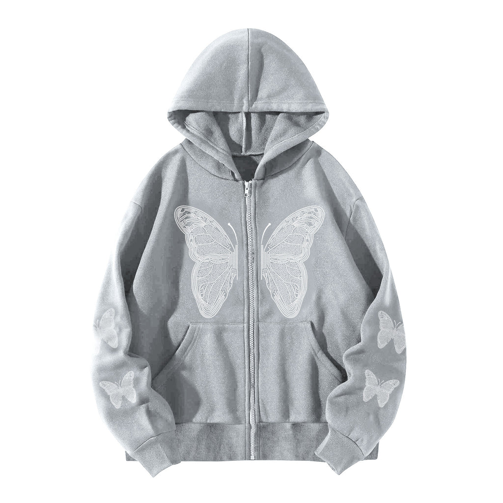 Butterfly Print Fleece Hooded Sweatshirt
