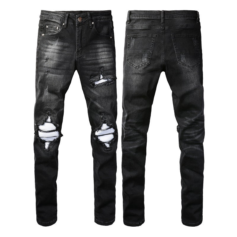 Slim-Fit Ripped Patch Denim Pants