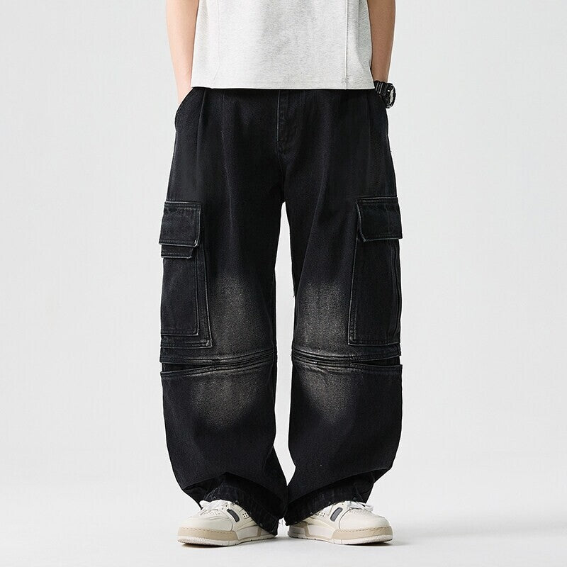 Plus Size Men Denim Jeans Wide Leg Retro High Street Pants