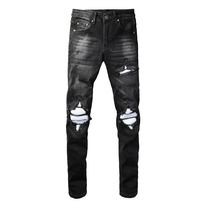 Slim-Fit Ripped Patch Denim Pants