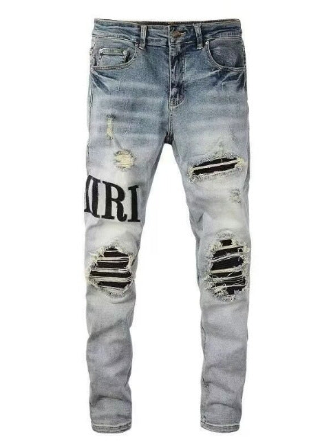 Slim Fit Embroidered Patch Denim Pants for Men