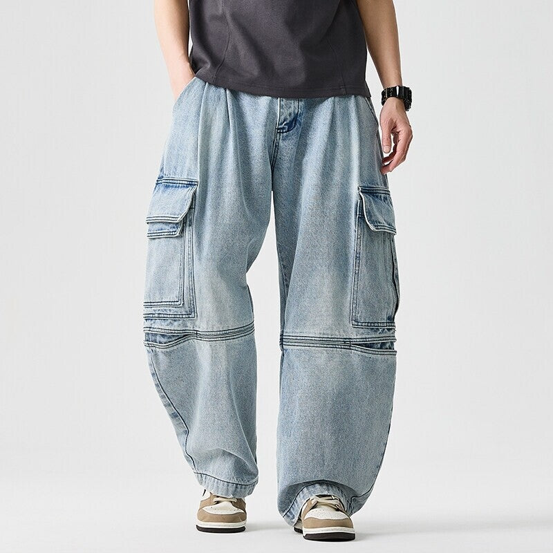 Plus Size Men Denim Jeans Wide Leg Retro High Street Pants