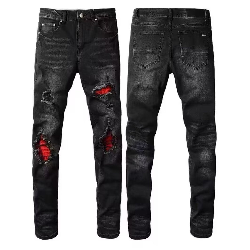 Slim Fit Embroidered Patch Denim Pants for Men