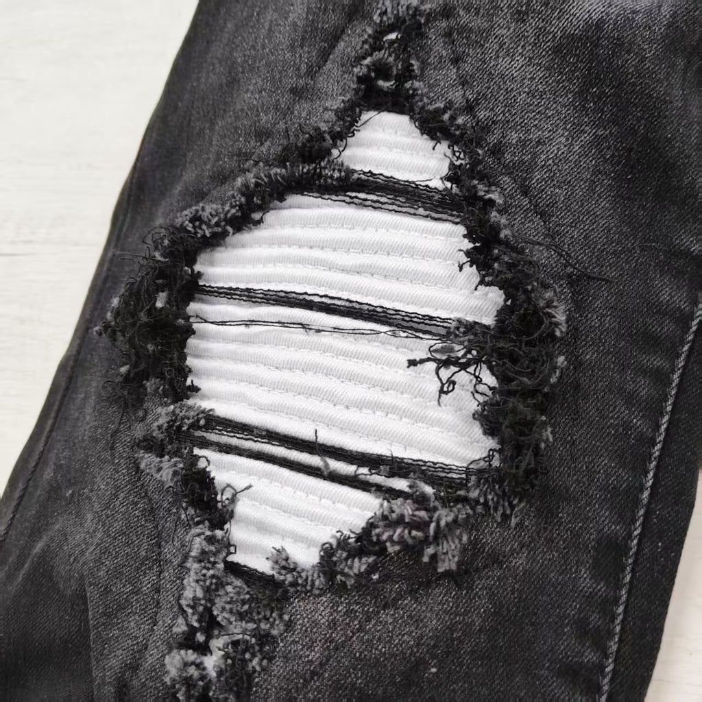 Slim-Fit Ripped Patch Denim Pants