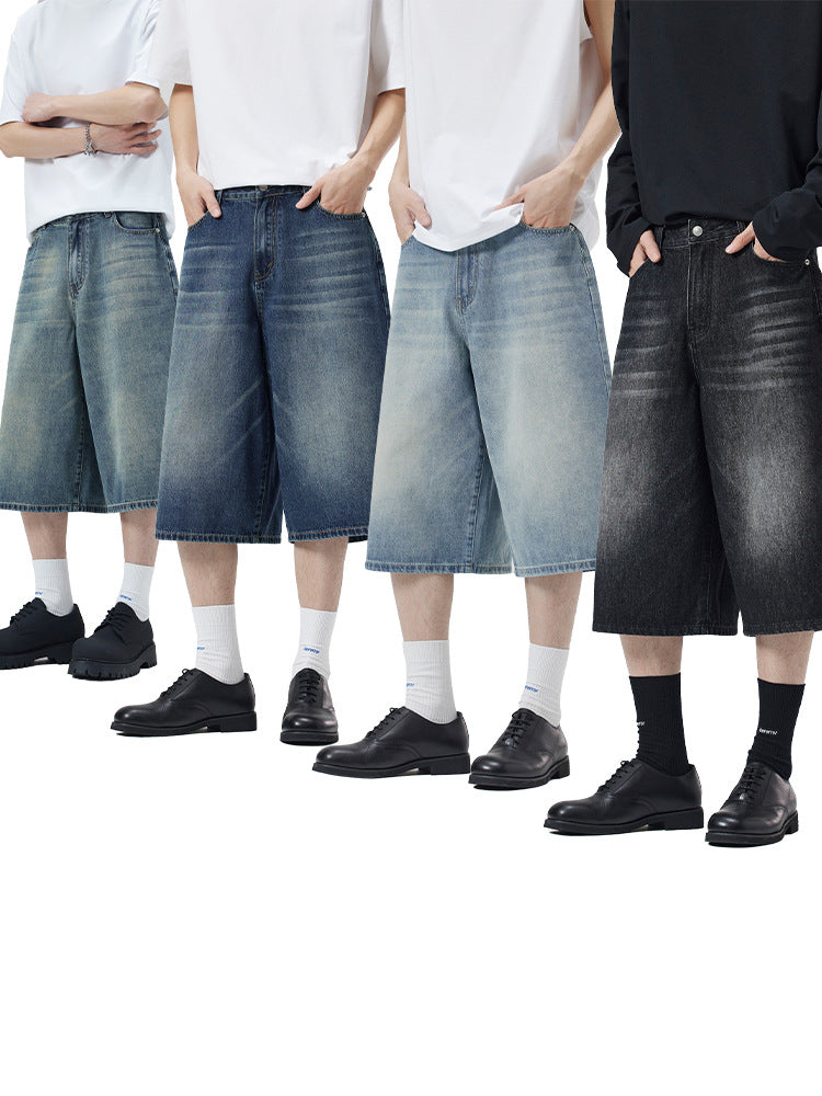 Korean Style Washed Wide-Leg Cropped Jeans
